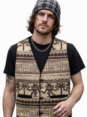 Mens vest 100% virgin wool Aztec southwestern size Large X-Large neutral tones